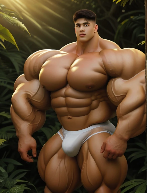 1boy, giant, model shoot style, looking at viewer, standing, illuminating light, golden hour, outdoor, strong body, bulk, large size, standing, in the forest, white triangular underwear, prominent bulge, big, brutalmass, giant, muscular body, bulk, massive body, large meaty body size