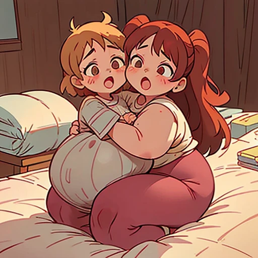 a comic page about a fully pajama wearing 24 year old extremely fat woman with ginger pigtails adjusting to her first night with her 40 year old gigantomastia mother with long gray hair as her second head on her immobile two headed body. She’s clearly uncomfortable with feeling her mother masturbate her now two headed 1200 pound morbidly obese body, using one hand to pleasure herself with her hand under the cover of the blanket as she watches a video on her phone. Her ashamed mother is telling her how much the two of them need this relief as she plunges her hand into herself. Her mother is clearly ashamed of herself for needing to touch herself so badly. she’s looking deep into her daughter’s eyes as they share their first earth shattering orgasm since mutating into a freakish two headed conjoined mother and daughter and repressing her urges. Her conjoined daughter has clearly never orgasmed before and is embarrassed about her mother feverishly masturbating their shared body as she looks away from her second head in disgust as she explosively orgasms into her hand involuntarily.