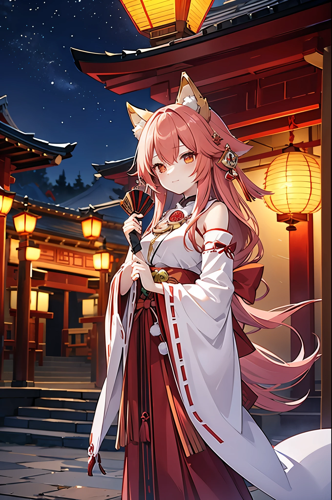fox maiden, shrine, maiden, red fur, miko clothing, fox ears, night, lanterns