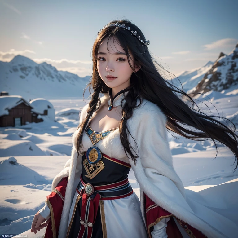Hide in the snow mountain, Hair flows, highest quality, masterpiece, 8k, best image quality, ultra high resolution, Award-winning work, accurate anatomy, look at me and smile, Shining fair skin with ultra high resolution, most detailed face, ultra high resolution detailed face, ultra high resolution hair, ultra high resolution sparkling eyes, Beautiful face drawn in every detail, blurred background, ancient Inuit clothing, chest together, tattoo, Old ruins in the background, real wolf aside
Note: The prompt is organized by sections, but when writing the prompt, do not include any section headers.
---
A girl stands in the serene snow-covered mountains, her body blending seamlessly with the icy landscape. Her hair flows freely in the wind, cascading down with graceful movement. This artwork is a masterpiece, created with the highest quality details, showcasing its 8k resolution with the best image quality. Every element, from the accurate anatomy to the intricate facial expressions, is crafted with precision.
The girl's face is the focal point of the artwork, with her face being depicted in ultra-high resolution. The artist has taken great care to capture every intricate detail, highlighting the sparkling eyes that draw viewers in. The girl's fair skin shines brilliantly, accentuated by the ultra-high resolution rendering.
As the viewers gaze upon her face, they are captivated by her smile, which radiates warmth and joy. The artist has skillfully portrayed her smile, emphasizing the connection between the artwork and the viewers.
The background of the artwork is intentionally blurred, providing a mystical atmosphere that enhances the main subject. Ancient Inuit ruins stand in the distance, serving as a reminder of the rich history and culture surrounding this snow-covered land. The girl is adorned in traditional Inuit clothing, further immersing viewers in this Arctic setting. A real wolf stands beside the girl, symbolizing companionship and protection in this v