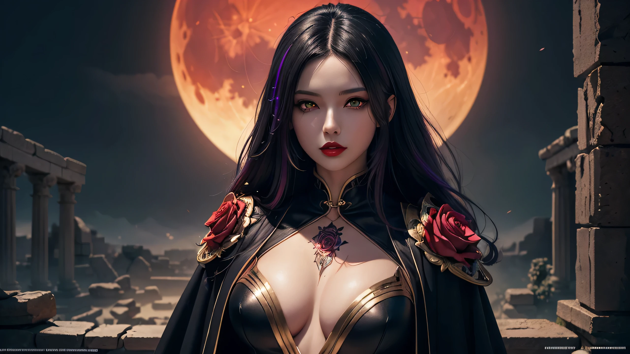 Beatiful female dark wizard standing in the ancient ruins under the red moon, she have long black hair with purple highlights, beatiful emerald eyes, dark red lipstick and same dark red eye shadows, dressed in sexy black robe with red vail and some golden mettalic parts, also she have rose flower tatoo on her body, (ultra high quality anime fantasy art, dafk fantasy style, masterpiece, ultra highquality character design, 8k quality anime art, realistic anime art, top quality wallpaper illustration, detailed ultra high quality acurate face, highquality design and acurate physic)