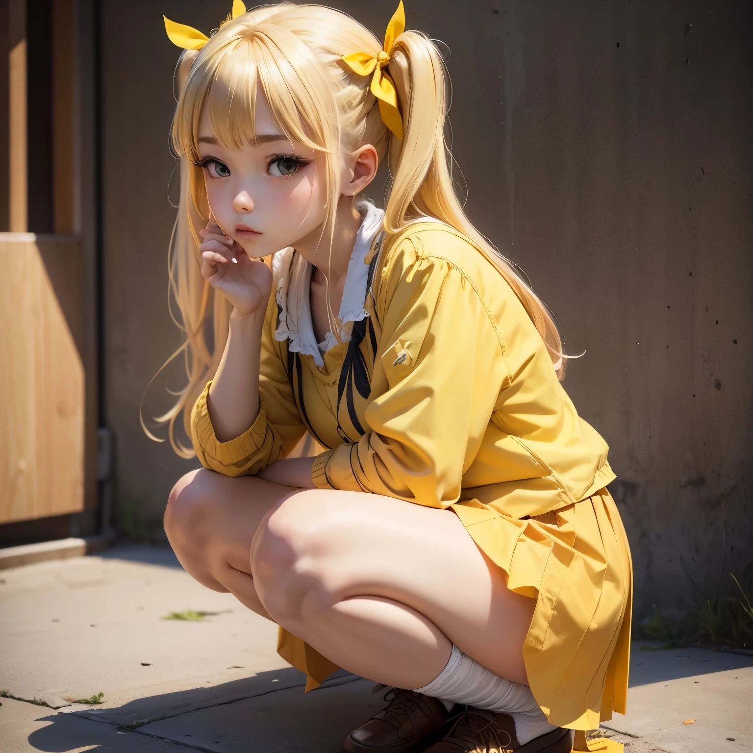Blonde、Beautiful young woman、Twin tails、Yellow ribbon hair accessory、Squat、