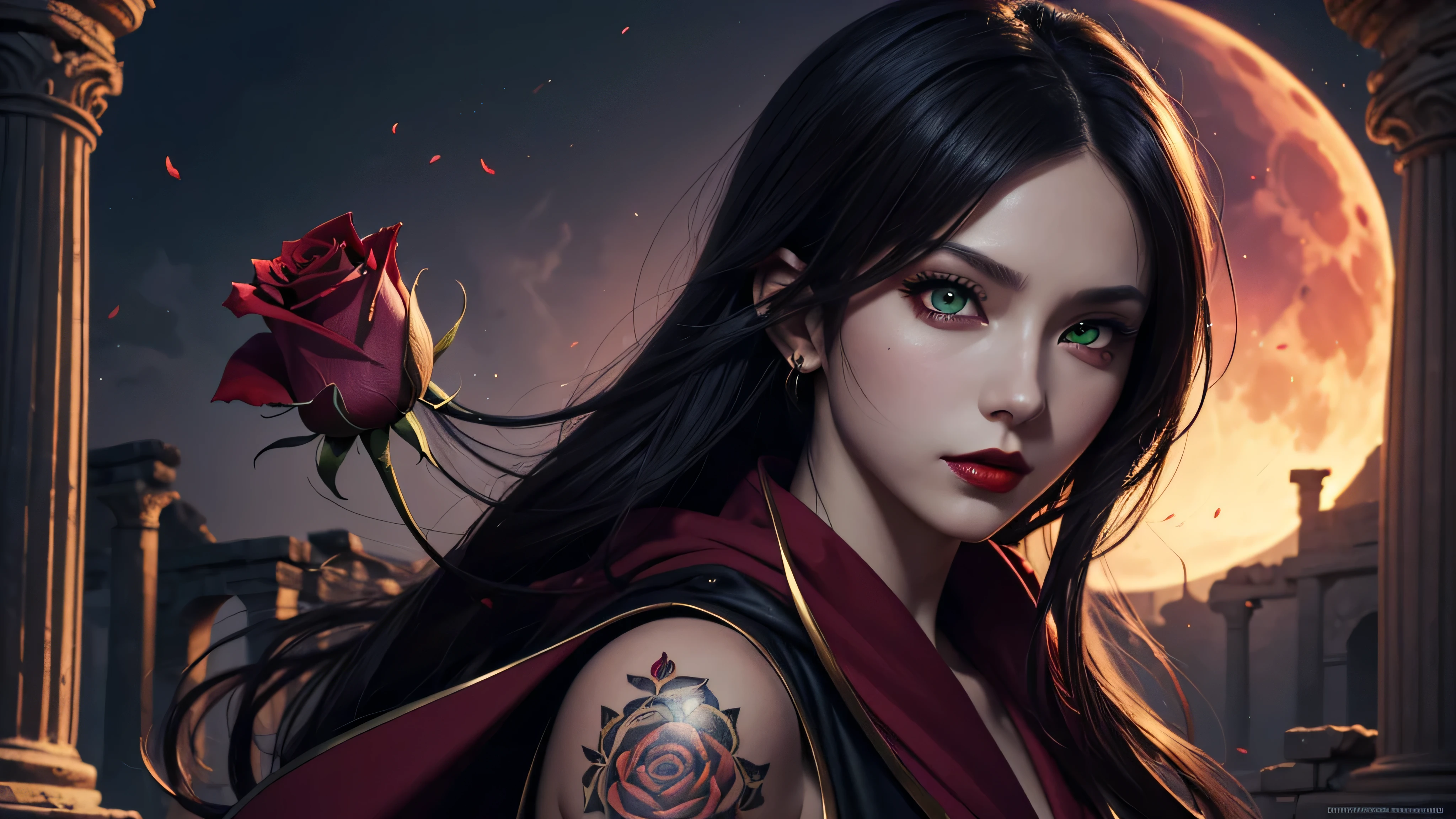 Beatiful female dark wizard standing in the ancient ruins under the red moon, she have long black hair with purple highlights, beatiful emerald eyes, dark red lipstick and same dark red eye shadows, dressed in sexy black robe with red vail and some golden mettalic parts, also she have rose flower tatoo on her body,  (ultra high quality anime fantasy art, dafk fantasy style, masterpiece, ultra highquality character design, 8k quality anime art, realistic anime art, top quality wallpaper illustration, detailed ultra high quality acurate face, highquality design and acurate physic)