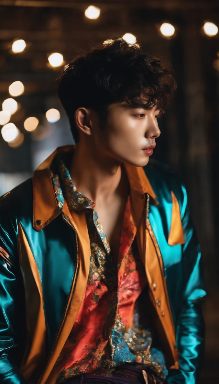 Fashion photo of Korean male model with short messy hair wearing open stomach sixpack colorful trend jacket in flash cinematic style