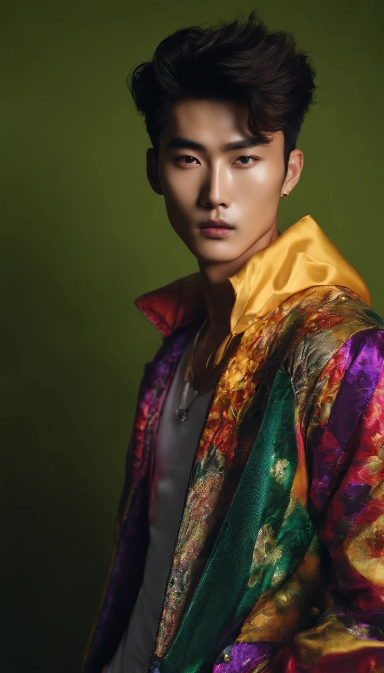 Fashion photo of Korean male model with short messy hair wearing open stomach sixpack colorful trend jacket in flash cinematic style