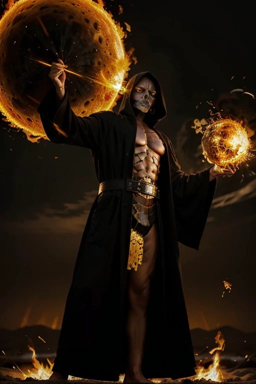 The Grim Reaper wearing a black and Gold houndstooth embroidered robe holding, standing on the sun hurling a huge fireball through earth’s magnetic field