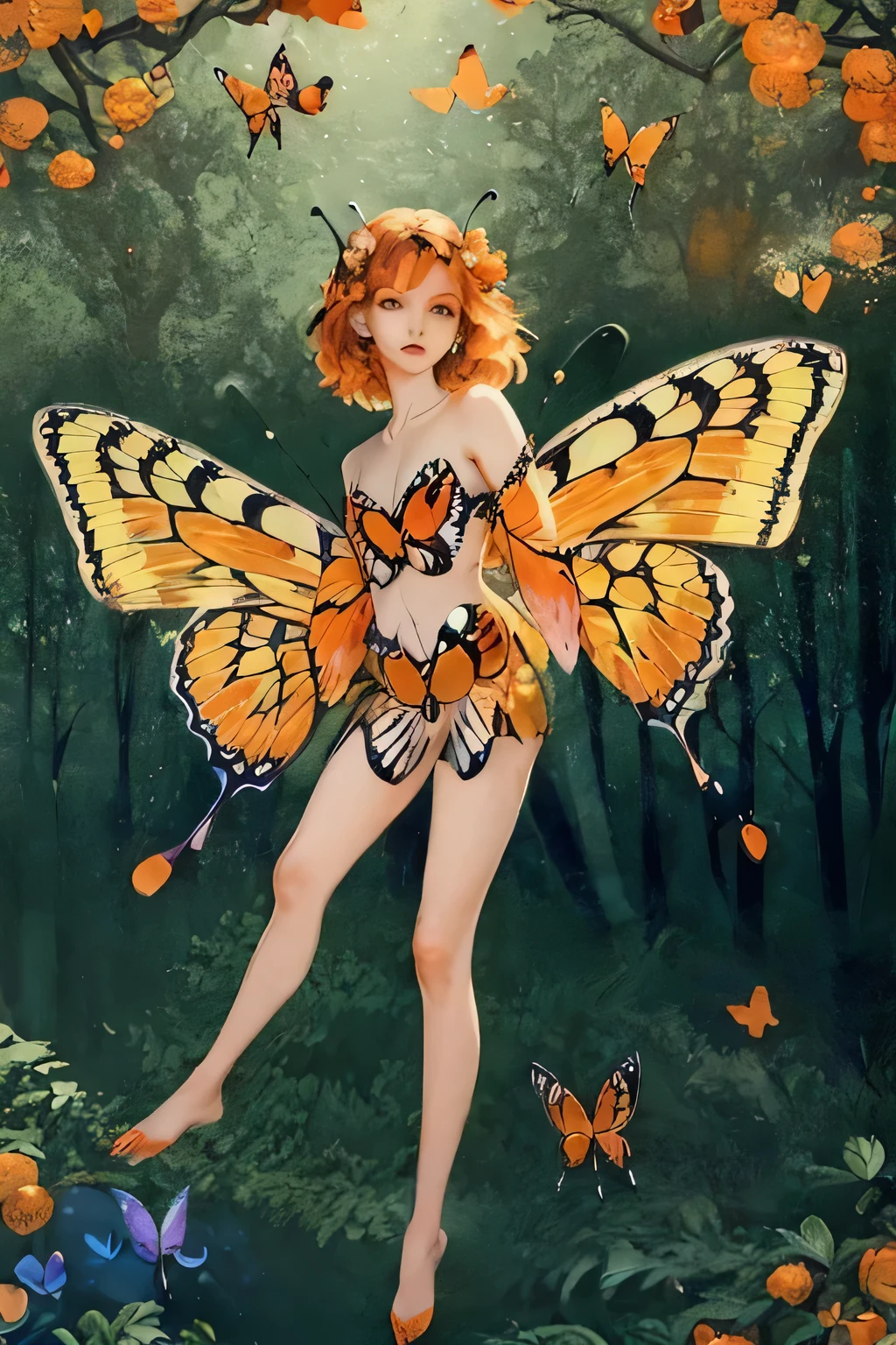 (lineart:1.1), (soft shading:1.3), pastel colors, limited-palette (predominantly orenge:2.0), (female:1.0), adult (fairy:1.2), solo, (full body:0.6), detailed background, detailed face, (butterfly wings:2.0), (fantasy theme:1.1), (mouth closed:0.7), serene expression, adorned in flowers, petal details, (butterfly landing:0.8), (floating butterflies:1.7), rose quartz gemstone, (tree with blooming orange flowers:1.8), (sparkling magic:0.9), whimsical aura, (fairy forest in background:1.3), (style-pastelgoth:0.7), dreamy atmosphere.