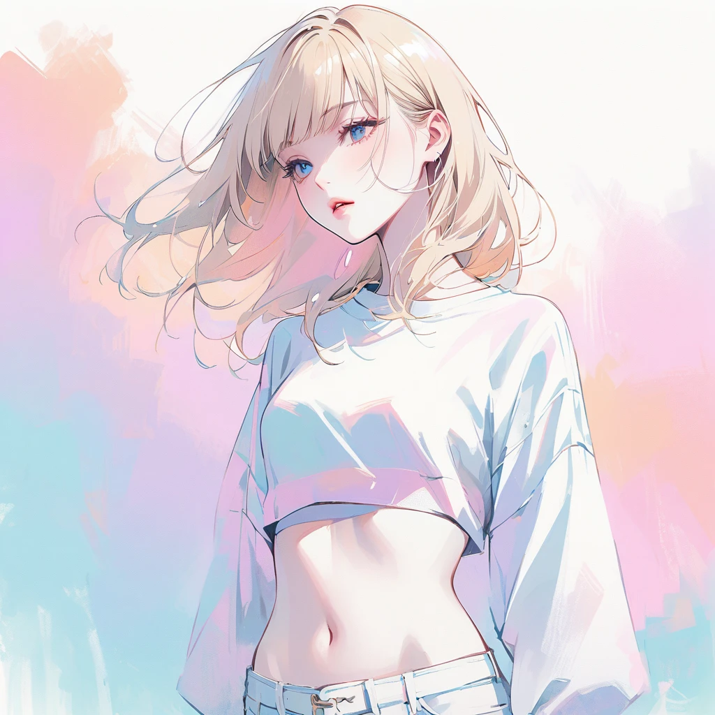 Girl, slim, pale skin, light hazel eyes, blonde hair, straight bangs, beautiful, thick bangs, pastel colors, wind, tiny crop top, flat, sexy, tiny waist