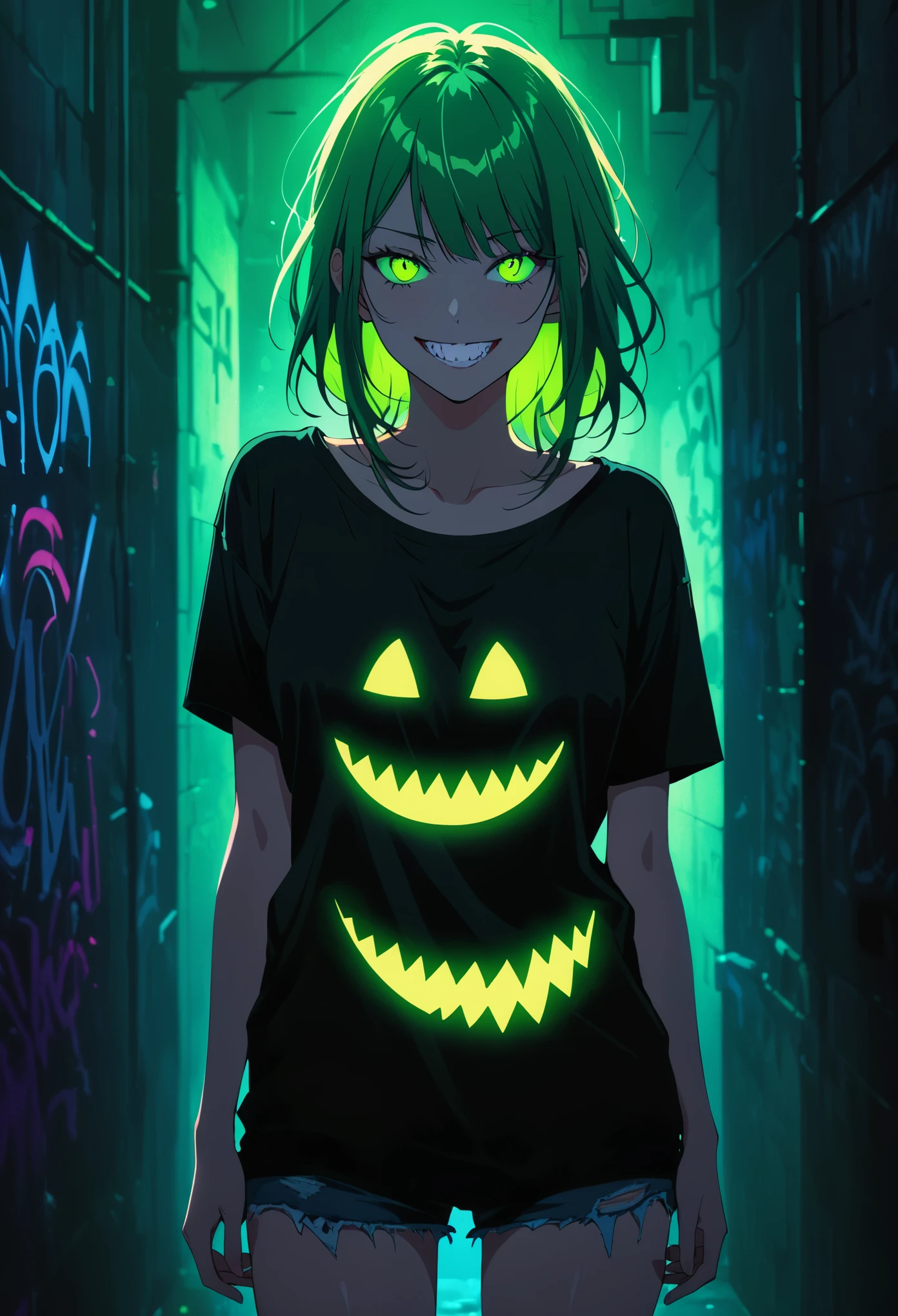 (Portrait of a mysterious giant eye),indoor,Fluorescent illumination,(((Darkness shrouded))),Wall background,black background,silhouette,shadow,extreme darknesinimalist graffiti style background,Fluorescent green eye graffiti,Dark atmosphere,cowboy shot,1girl,Oversized black T-shirt,Medium Breast,Waistless T-shirt,(underboob),blurred background,Blurred foreground,Green fluorescent hair,Fluorescent green eyes,Hand raised and touching hair,long hair,Messy hair,Low rise denim shorts,Over-the-knee boots,pink eye shadow,Ruined eyeshadow,Grin,Open your mouth,Devil smiley,middle finger,Shark Teeth,