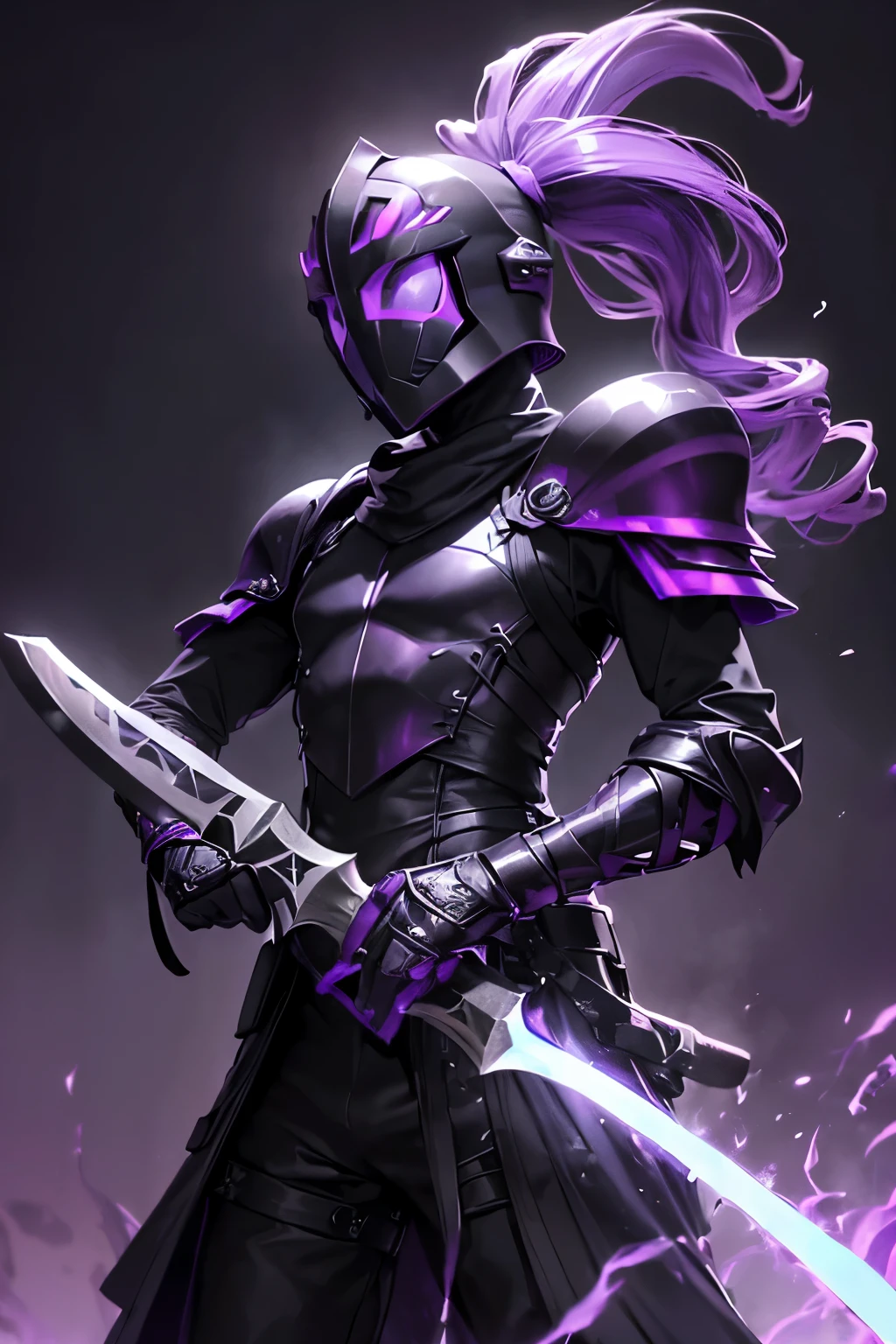 (photo of Mysterious teenage male with enclosed fantasy tribal deathpact-style helmet, helmet colored purple with black design, no face is shown, black hair in ponytail, holding dripping purple machetes, in a defensive position, purple fire:1.2), masterpiece, 4k, best quality,
