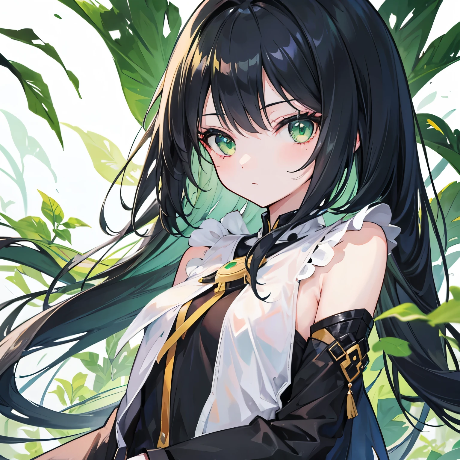 A girl with long black hime-cut hair and green eyes is standing.