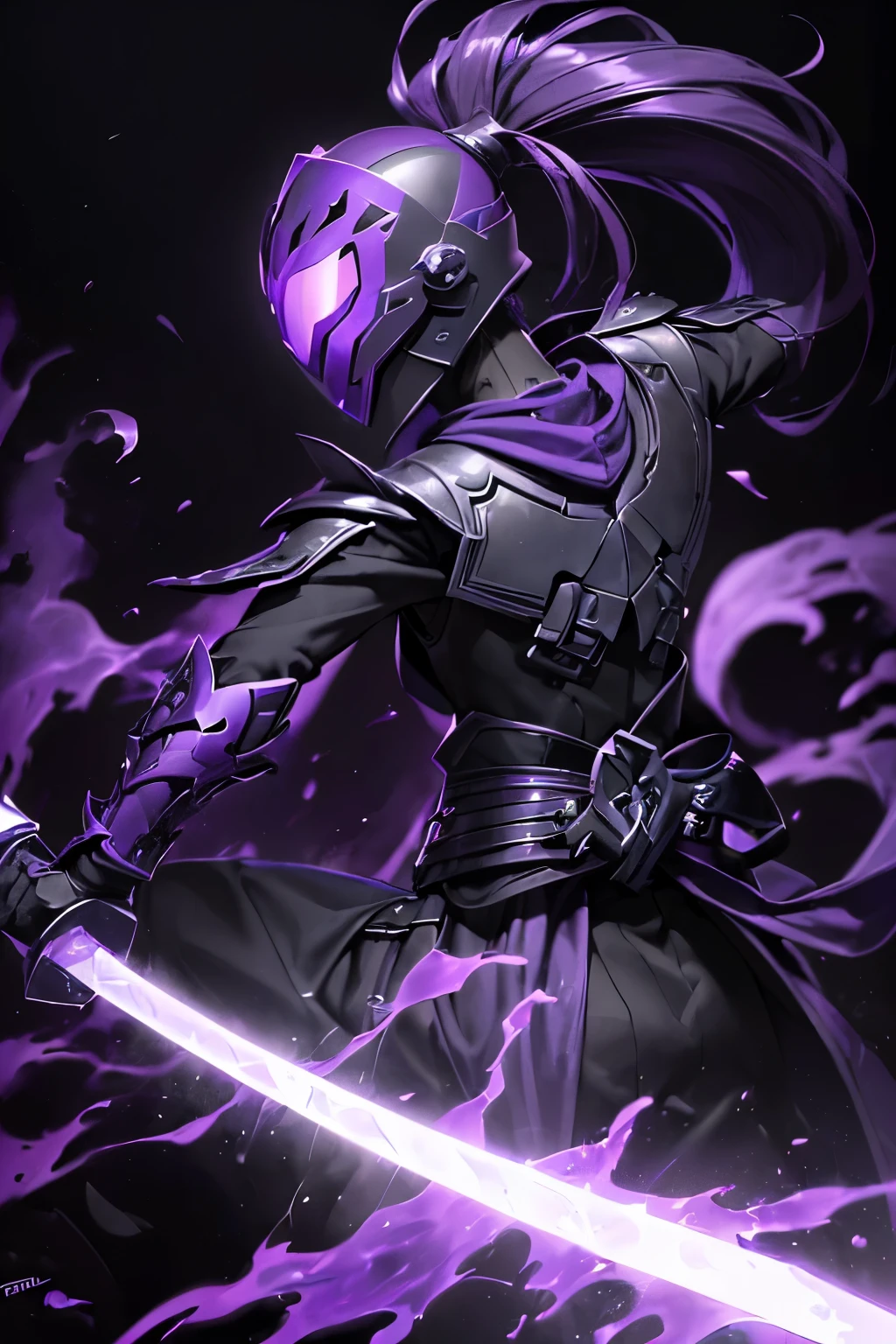 (photo of Mysterious teenage male with enclosed fantasy tribal deathpact-style helmet, helmet colored purple with black design, no face is shown, black hair in ponytail, holding dripping purple machetes, in a defensive position, purple fire:1.2), masterpiece, 4k, best quality,