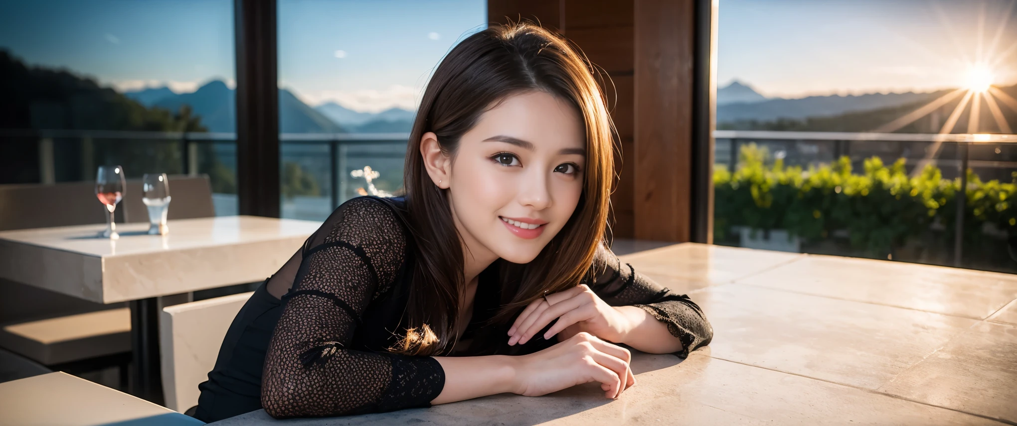 ((highest quality、8k、masterpiece:1.3))、Sharp focus:1.2、Beautiful woman perfect body:1.4、Wine Party、slimなボディ、((Bob Hale、Straight hair:1.2))、(to be born, highest quality, masterpiece:1.5), (Realistic, Intricate details:1.2), Ultra-high resolution, Shine light on your face、Amazing view of the sunset sky and clouds、Amazing mountain views、ニコニコ明るいsmile、smileの素敵な女性、Bright image、2. The beauty of wine, Beautiful Face, blue eyes, The light shines on your face, Blushing, short hair,Bright Face、Fox face、 (36 years old), 39 years old, Lady、red wine 、Appetizers、Italian food、Wine bottle、Champagne、sparkling wine、Two beauties、Brown Hair、Shortcuts、Long sleeve shirt、dress、Pretty Woman 1, (slimな顔), (The body is slim), (Brown Hair), (Shortcuts), cheeks turn a little red,Attractive beauty、, Out of the window, A beautiful and detailed night view unfolds.........., restaurant, In a prominent place (From the waist up) Nova Frog Style, actress, model, Upper Body, White wine, slim, wine glass, 真ん中に置かれたwine glass, smile, (smile: 1.15), Beautiful fine grain, Depth f/2,saturation, High Contrast, Strong light and shadow,Moist Body:1.5、3D texture、Delicate eyes、Brown Hair、The hair is very shiny、