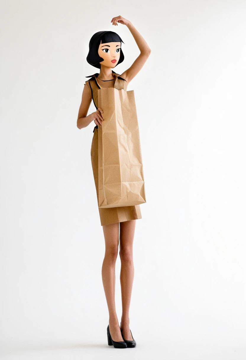 Cartoon. Plain white background. Real photo of full body with bare skin. She is looking up from below. Collage of paper bag, short, black hair, stone figure of heroine.