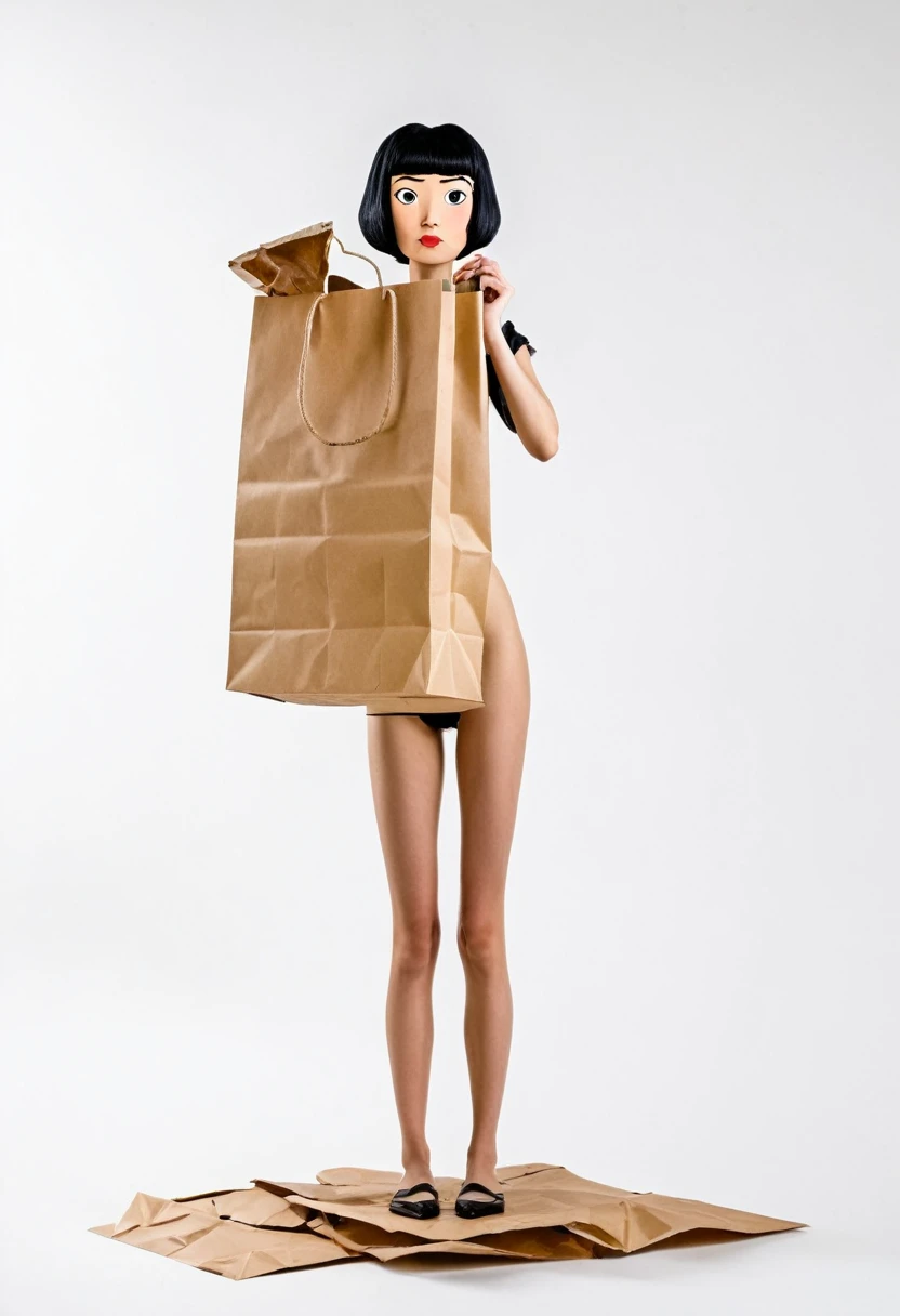 Cartoon. Plain white background. Real photo of full body with bare skin. She is looking up from below. Collage of paper bag, short, black hair, stone figure of heroine.