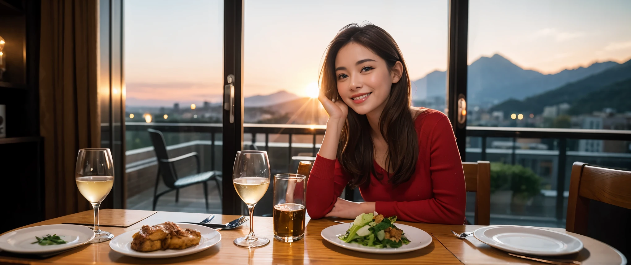 ((highest quality、8k、masterpiece:1.3))、Sharp focus:1.2、Beautiful woman perfect body:1.4、Wine Party、slimなボディ、((Bob Hale、Straight hair:1.2))、(to be born, highest quality, masterpiece:1.5), (Realistic, Intricate details:1.2), テーブルにwine glass、Put the light on your face、 Amazing view of the sunset sky and clouds、Amazing mountain views、ニコニコ明るいsmile、smileの素敵な女性、Bright image、The beauty of wine, Beautiful Face, blue eyes, The light shines on your face, Blushing, short hair,Bright Face、Fox face、 (43 years old), 39 years old, Lady、red wine 、Appetizers、Italian food、Wine bottle、Champagne、sparkling wine、Two beauties、Brown Hair、Shortcuts、Long sleeve shirt、dress、Pretty Woman 1, (slimな顔), (The body is slim), (Brown Hair), (Shortcuts), cheeks turn a little red,Attractive beauty、, Out of the window, A beautiful and detailed night view unfolds.........., restaurant, In a prominent place (From the waist up) Nova Frog Style, actress, model, Upper Body, White wine, slim, wine glass, 真ん中に置かれたwine glass, smile, (smile: 1.15), Beautiful fine grain, Depth f/2,saturation, High Contrast, Strong light and shadow,Moist Body:1.5、3D texture、Delicate eyes、Brown Hair、The hair is very shiny、