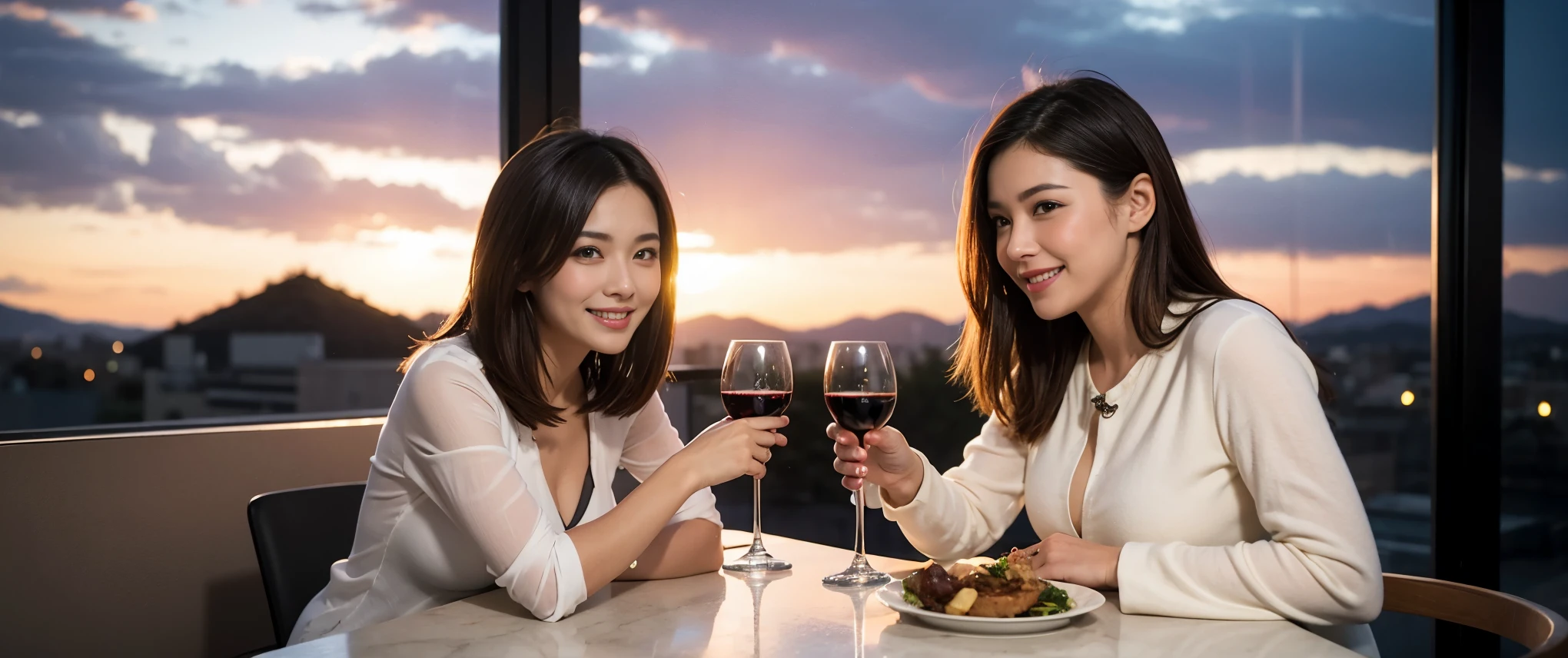 ((highest quality、8k、masterpiece:1.3))、Sharp focus:1.2、Beautiful woman perfect body:1.4、Wine Party、slimなボディ、((Bob Hale、Straight hair:1.2))、(to be born, highest quality, masterpiece:1.5), (Realistic, Intricate details:1.2), テーブルにwine glass、Put the light on your face、 Amazing view of the sunset sky and clouds、Amazing mountain views、ニコニコ明るいsmile、smileの素敵な女性、Bright image、The beauty of wine, Beautiful Face, blue eyes, The light shines on your face, Blushing, short hair,Bright Face、Fox face、 (43 years old), 39 years old, Lady、red wine 、Appetizers、Italian food、Wine bottle、Champagne、sparkling wine、Two beauties、Brown Hair、Shortcuts、Long sleeve shirt、dress、Pretty Woman 1, (slimな顔), (The body is slim), (Brown Hair), (Shortcuts), cheeks turn a little red,Attractive beauty、, Out of the window, A beautiful and detailed night view unfolds.........., restaurant, In a prominent place (From the waist up) Nova Frog Style, actress, model, Upper Body, White wine, slim, wine glass, 真ん中に置かれたwine glass, smile, (smile: 1.15), Beautiful fine grain, Depth f/2,saturation, High Contrast, Strong light and shadow,Moist Body:1.5、3D texture、Delicate eyes、Brown Hair、The hair is very shiny、