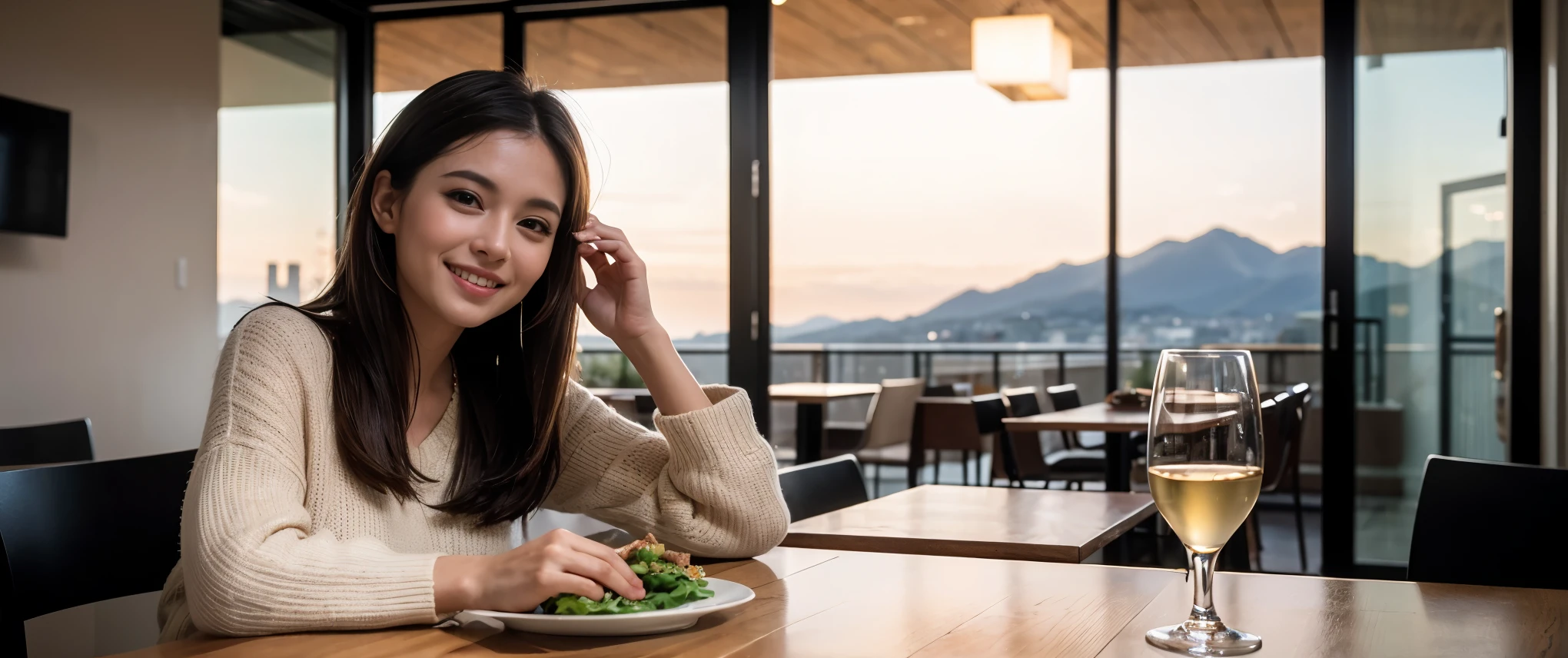 ((highest quality、8k、masterpiece:1.3))、Sharp focus:1.2、Beautiful woman perfect body:1.4、Wine Party、slimなボディ、((Bob Hale、Straight hair:1.2))、(to be born, highest quality, masterpiece:1.5), (Realistic, Intricate details:1.2), テーブルにwine glass、Put the light on your face、 Amazing view of the sunset sky and clouds、Amazing mountain views、ニコニコ明るいsmile、smileの素敵な女性、Bright image、The beauty of wine, Beautiful Face, blue eyes, The light shines on your face, Blushing, short hair,Bright Face、Fox face、 (43 years old), 39 years old, Lady、red wine 、Appetizers、Italian food、Wine bottle、Champagne、sparkling wine、Two beauties、Brown Hair、Shortcuts、Long sleeve shirt、dress、Pretty Woman 1, (slimな顔), (The body is slim), (Brown Hair), (Shortcuts), cheeks turn a little red,Attractive beauty、, Out of the window, A beautiful and detailed night view unfolds.........., restaurant, In a prominent place (From the waist up) Nova Frog Style, actress, model, Upper Body, White wine, slim, wine glass, 真ん中に置かれたwine glass, smile, (smile: 1.15), Beautiful fine grain, Depth f/2,saturation, High Contrast, Strong light and shadow,Moist Body:1.5、3D texture、Delicate eyes、Brown Hair、The hair is very shiny、