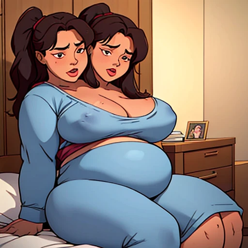 a comic page about a fully pajama wearing 24 year old extremely fat woman with ginger pigtails adjusting to her first night with her 40 year old gigantomastia mother with long gray hair as her second head on her immobile two headed body. She’s clearly uncomfortable with feeling her mother masturbate her now two headed 1200 pound morbidly obese body, using one hand to pleasure herself with her hand under the cover of the blanket as she watches a video on her phone. Her ashamed mother is telling her how much the two of them need this relief as she plunges her hand into herself. Her mother is clearly ashamed of herself for needing to touch herself so badly. she’s looking deep into her daughter’s eyes as they share their first earth shattering orgasm since mutating into a freakish two headed conjoined mother and daughter and repressing her urges. Her conjoined daughter has clearly never orgasmed before and is embarrassed about her mother feverishly masturbating their shared body as she looks away from her second head in disgust as she explosively orgasms into her hand involuntarily.