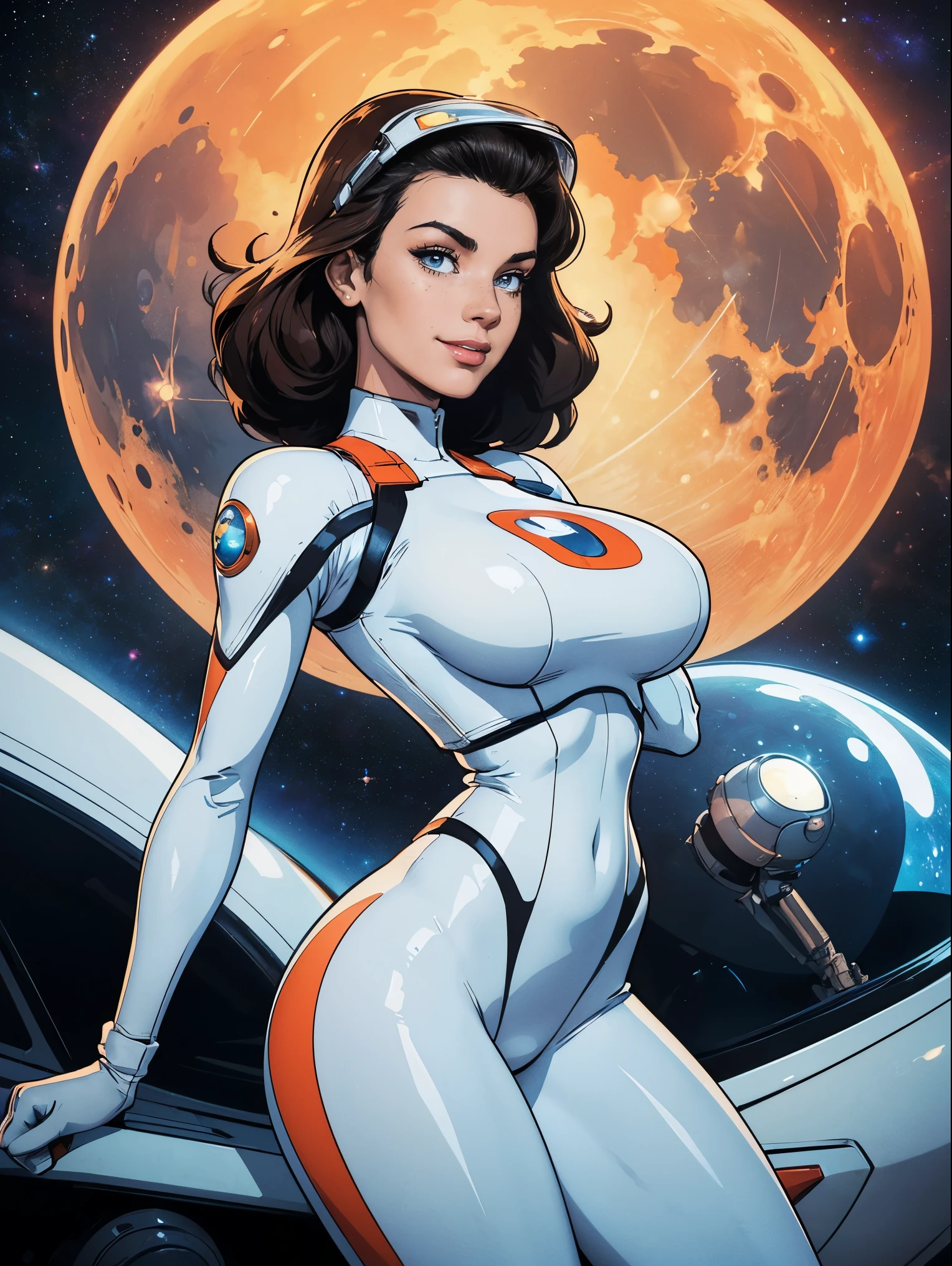 (masterpiece, top quality, best quality, official art, beautiful and aesthetic:1.2), (1girl:1.3), light freckles, fair skin, extremely detailed, portrait, looking at viewer, solo, (full body:0.6), detailed background, close up, (bright space pinup theme:1.1), busty 1950's pinup brunette space girl, charlatan, smiling, happy, mysterious, spacewalk, modest attire, white and orange space suit, spacesuit, helmet, bodysuit, ray gun, long boots, pouches, jetpack, glass helmet, rocket ship, ((((narrow hips, slim sexy body, gigantic breasts)))), slim waist, slim hips, long legs, futuristic (moon exterior:1.1) background, dark mysterious lighting, shadows, magical atmosphere, dutch angle,