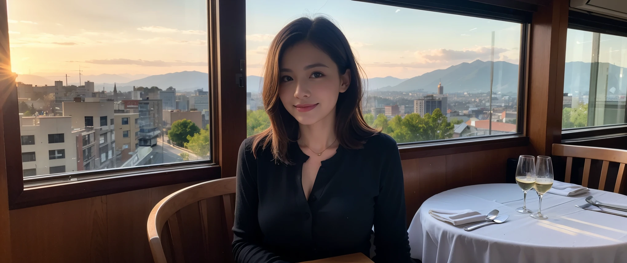 ((highest quality、8k、masterpiece:1.3))、Sharp focus:1.2、Beautiful woman perfect body:1.4、slimなボディ、((Bob Hale、Straight hair:1.2))、(to be born, highest quality, masterpiece:1.5), (Realistic, Intricate details:1.2), テーブルにwine glass、Put the light on your face、 Amazing view of the sunset sky and clouds、Amazing mountain views、ニコニコ明るいsmile、smileの素敵な女性、Bright image、2. The beauty of wine, Beautiful Face, blue eyes, The light shines on your face, Blushing, short hair,Bright Face、Fox face、 (43 years old), 39 years old, Lady、red wine 、Appetizers、Italian food、Wine bottle、Champagne、sparkling wine、Two beauties、Brown Hair、Shortcuts、Long sleeve shirt、dress、Pretty Woman 1, (slimな顔), (The body is slim), (Brown Hair), (Shortcuts), cheeks turn a little red,Attractive beauty、, Out of the window, A beautiful and detailed night view unfolds.........., restaurant, In a prominent place (From the waist up) Nova Frog Style, actress, model, Upper Body, White wine, slim, wine glass, 真ん中に置かれたwine glass, smile, (smile: 1.15), Beautiful fine grain, Depth f/2,saturation, High Contrast, Strong light and shadow,Moist Body:1.5、3D texture、Delicate eyes、Brown Hair、The hair is very shiny、