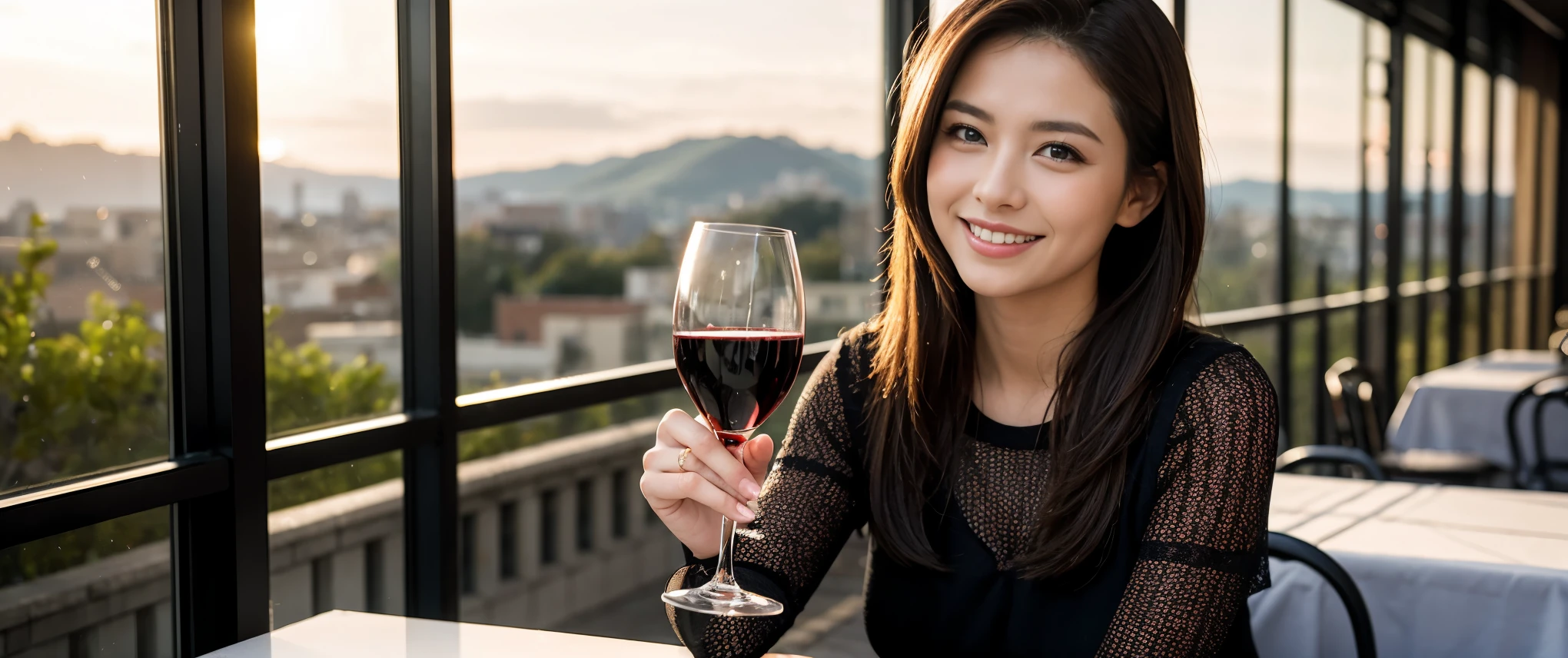 ((highest quality、8k、masterpiece:1.3))、Sharp focus:1.2、Beautiful woman perfect body:1.4、slimなボディ、((Bob Hale、Straight hair:1.2))、(to be born, highest quality, masterpiece:1.5), (Realistic, Intricate details:1.2), テーブルにwine glass、Put the light on your face、 Amazing view of the sunset sky and clouds、Amazing mountain views、ニコニコ明るいsmile、smileの素敵な女性、Bright image、2. The beauty of wine, Beautiful Face, blue eyes, The light shines on your face, Blushing, short hair,Bright Face、Fox face、 (43 years old), 39 years old, Lady、red wine 、Appetizers、Italian food、Wine bottle、Champagne、sparkling wine、Two beauties、Brown Hair、Shortcuts、Long sleeve shirt、dress、Pretty Woman 1, (slimな顔), (The body is slim), (Brown Hair), (Shortcuts), cheeks turn a little red,Attractive beauty、, Out of the window, A beautiful and detailed night view unfolds.........., restaurant, In a prominent place (From the waist up) Nova Frog Style, actress, model, Upper Body, White wine, slim, wine glass, 真ん中に置かれたwine glass, smile, (smile: 1.15), Beautiful fine grain, Depth f/2,saturation, High Contrast, Strong light and shadow,Moist Body:1.5、3D texture、Delicate eyes、Brown Hair、The hair is very shiny、