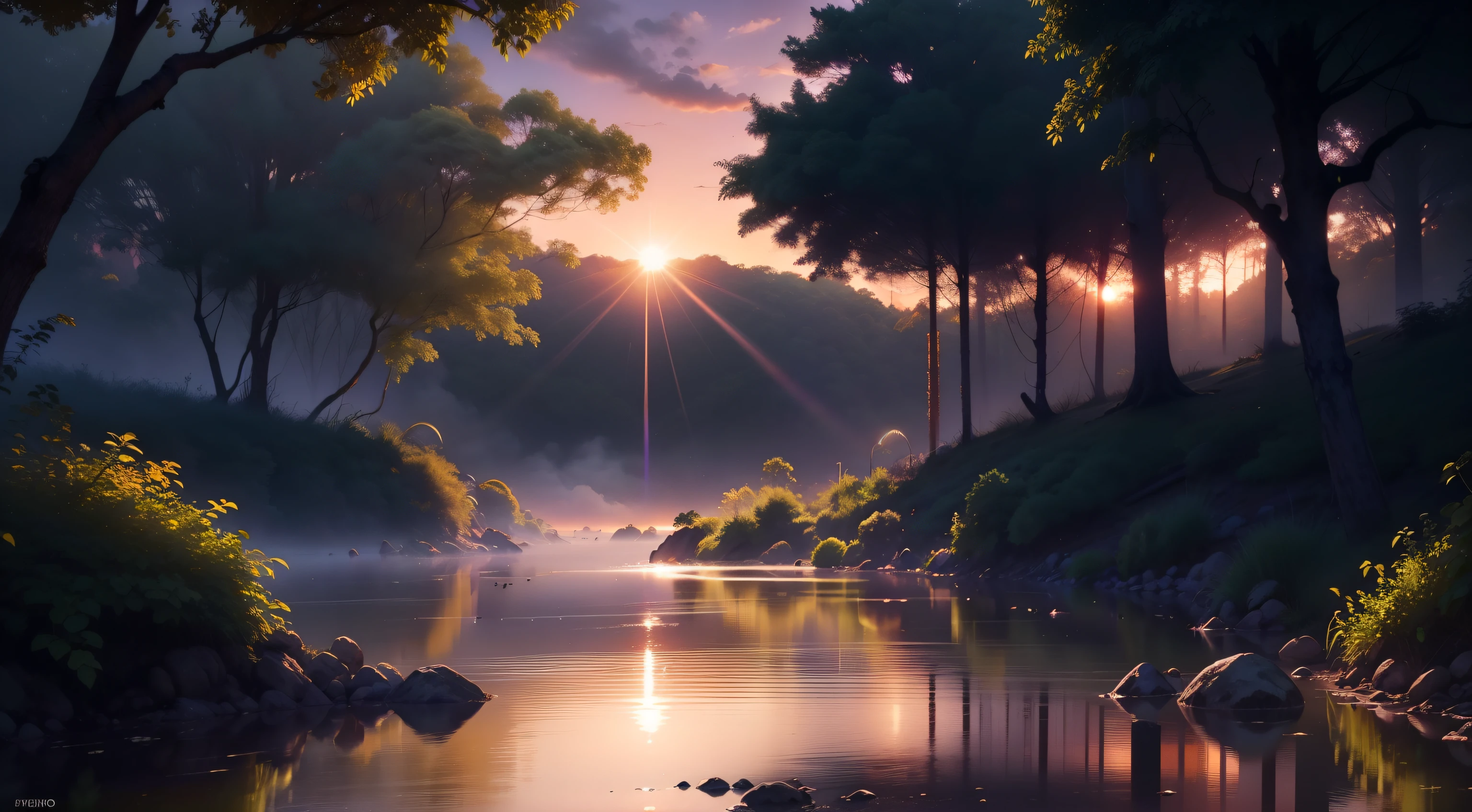 green field sunset forest icy stream blue water peace soft fog, best quality, Realistic, very defined, well defined, image bucolique, ciel orange, soleil rouge, brume dans les tons violets, pink and light laranja super Realistic, in truth, pointu, Clair, best resolution, best resolution, très Realistic