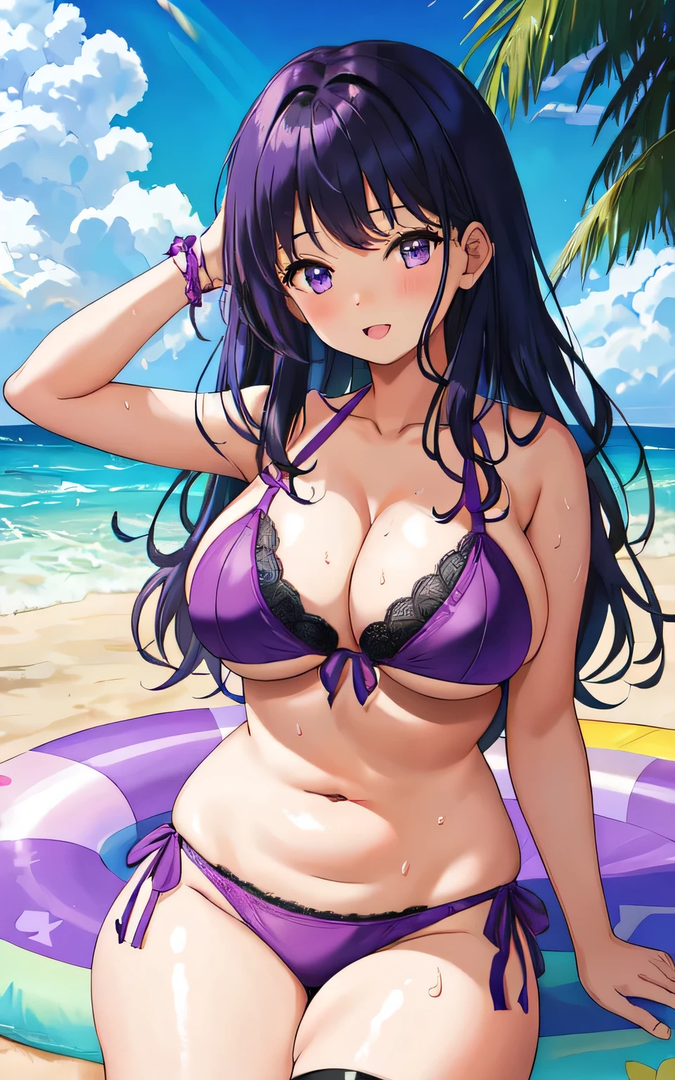 A with big breasts, a plump body, round, in a purple lace bikini swimsuit, on the beach,