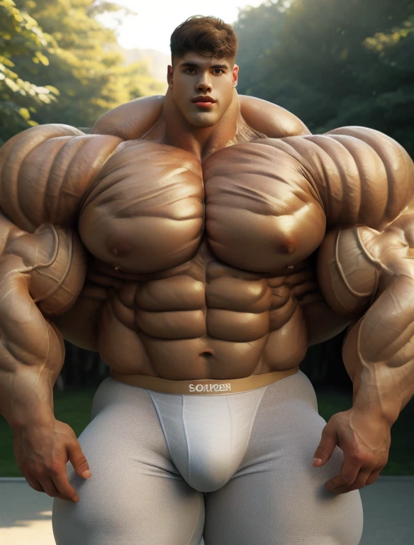 1boy, giant, model shoot style, looking at viewer, standing, illuminating light, golden hour, outdoor, strong body, bulk, large size, standing, at the meadows, white triangular underwear, prominent bulge, big, brutalmass, giant, muscular body, bulk, massive body, large meaty body size