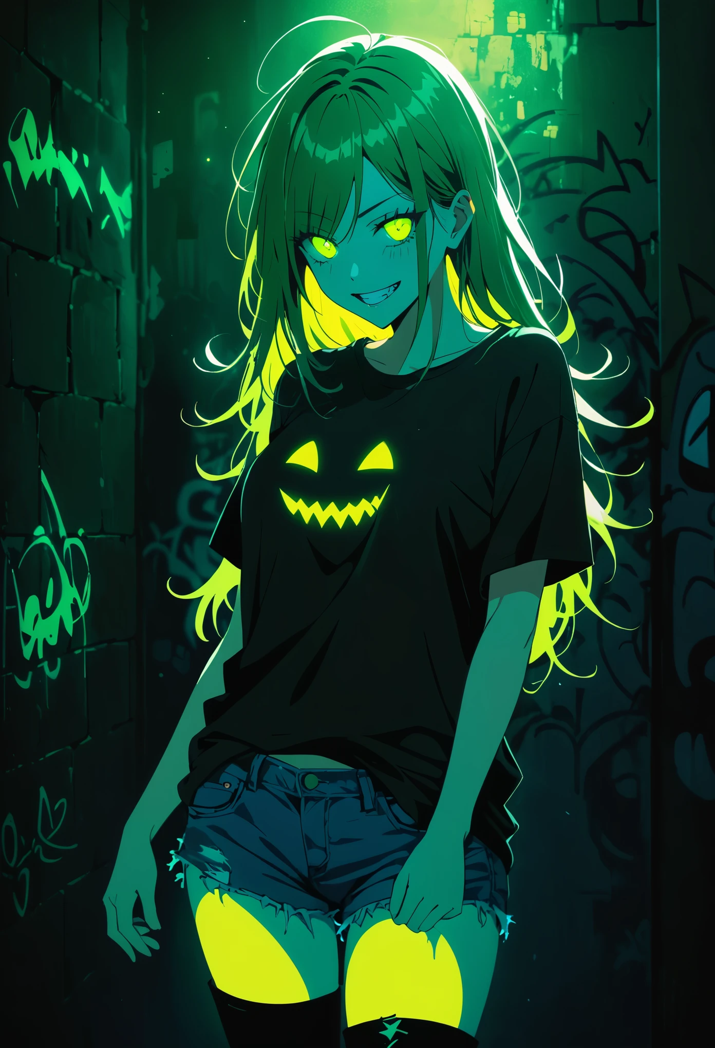 (Portrait of a mysterious giant eye),indoor,Fluorescent illumination,(((Darkness shrouded))),Wall background,black background,silhouette,shadow,extreme darknesinimalist graffiti style background,Fluorescent green eye graffiti,Dark atmosphere,cowboy shot,1girl,Oversized black T-shirt,Medium Breast,Waistless T-shirt,(underboob),blurred background,Blurred foreground,Green fluorescent hair,Fluorescent green eyes,Hand raised and touching hair,long hair,Messy hair,Low rise denim shorts,Over-the-knee boots,pink eye shadow,Ruined eyeshadow,Grin,Open your mouth,Devil smiley,middle finger,Shark Teeth,