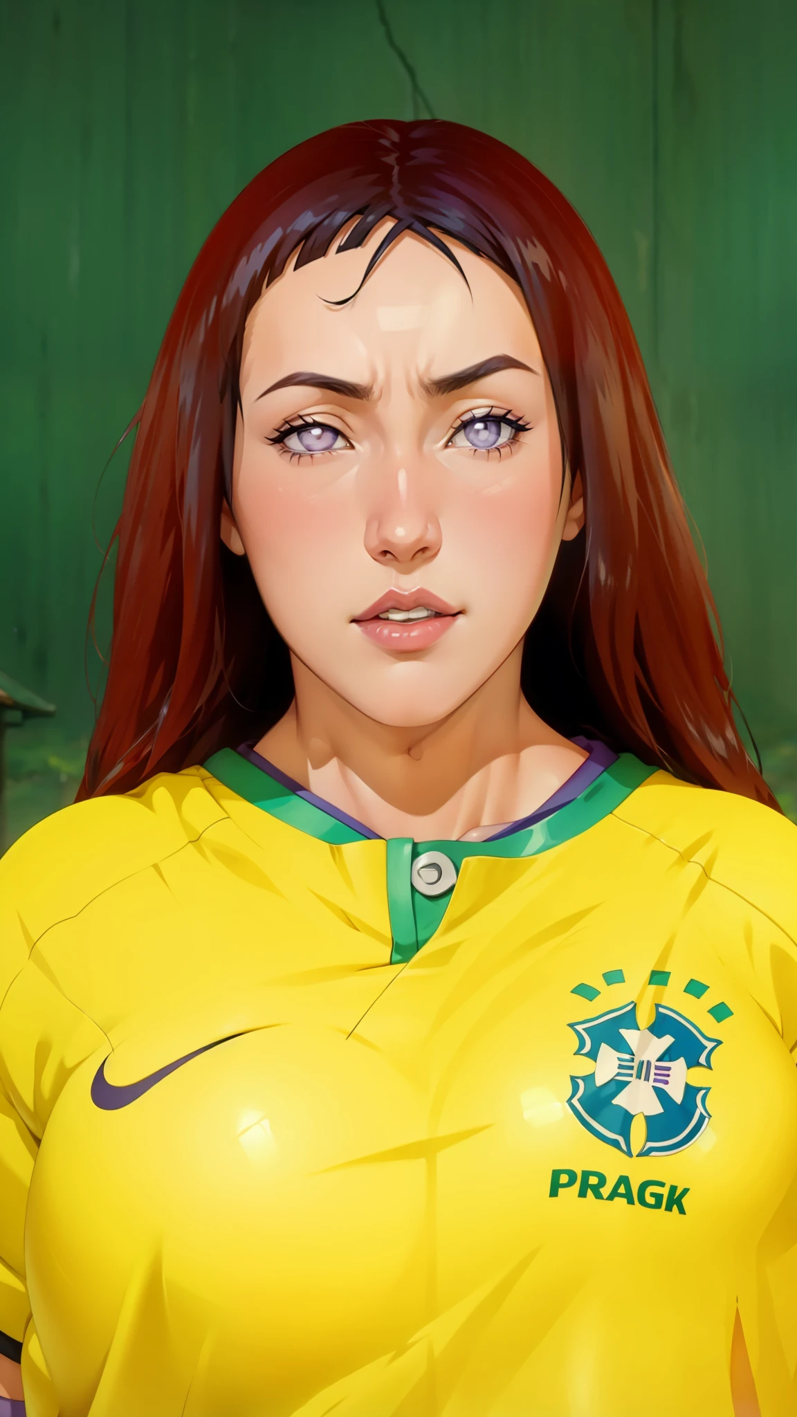 masterpiece, best quality, 1girl, mature female, aged up, dark skin, soccer jersey, bottomless, pussy, female pubic hair, excessive pubic hair, red hair, curly hair, smile, covered nipples, winking, one eye closed, green field, light rays, standing, from below, pussy focus, [ishikei|robaato|krystopher decker]