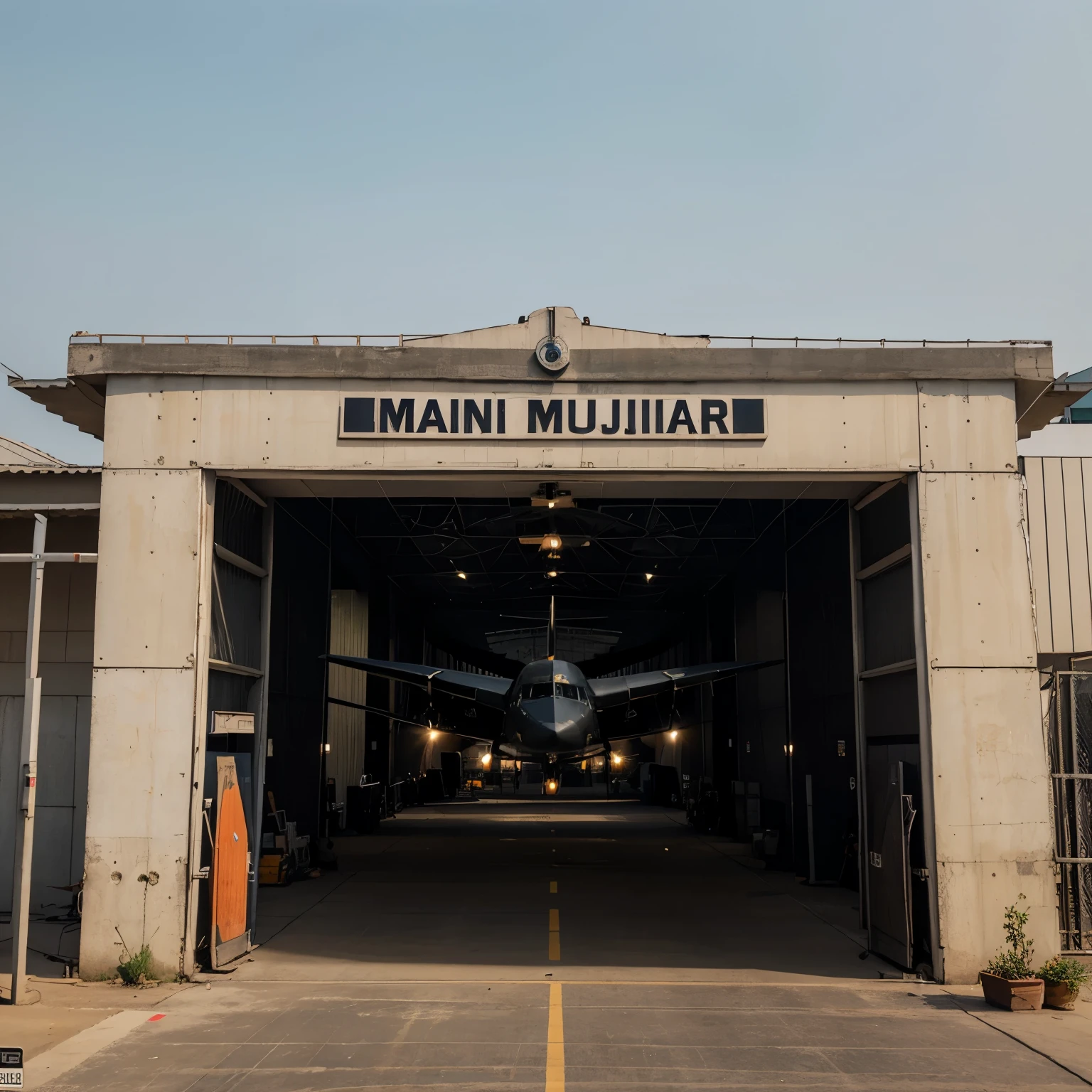 Flying black aircraft, name on aircraft Sandhu. Background under counterction building