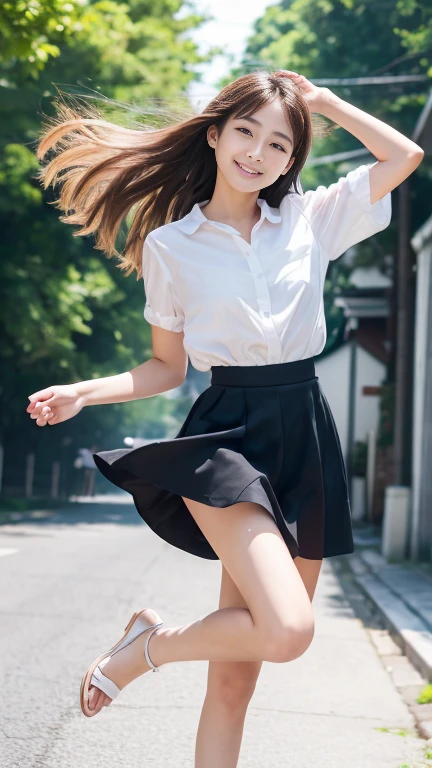 wgz style,masterpiece、8k resolution、Detailed portrait of a beautiful woman,RAW Photos、Perfect feminine face,18 year old Japanese、Skinny Beautiful Girl、light ash hair color、Long hair blowing in the wind、Midsummer natural light、Sunny street after the rain、(A sparkling smile),(Dynamic pose jump:1.3)、(Floating in the air)、A loose frilly white shirt、A black flared skirt made of thin satin fabric.、spotlight on face、black mule sandals、The sole is pink