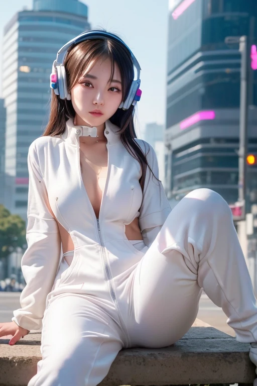 (Girl with headphones sitting on a city bench), ((Perfect android girl)), A mix of robots and organics, Digital Cyberpunk Art, ((Cute Cyborg Girl)), Digital Cyberpunk Art, 4 k, 8k、Ultra high definition、masterpiece、correct、Anatomically correct、Textured skin、Very detailed、High detail、high quality、最high quality、High resolution、8k、Raw photo、whole body、Beautiful Teenage Woman、One Japanese woman、Big beautiful eyeedium chest、(((Wear a white cyberpunk jumpsuit)))