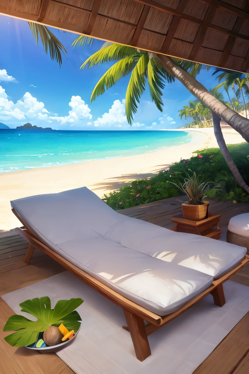 illustration, cartoon, tropical, palm tree, blue sea, beach, coconut, leaves