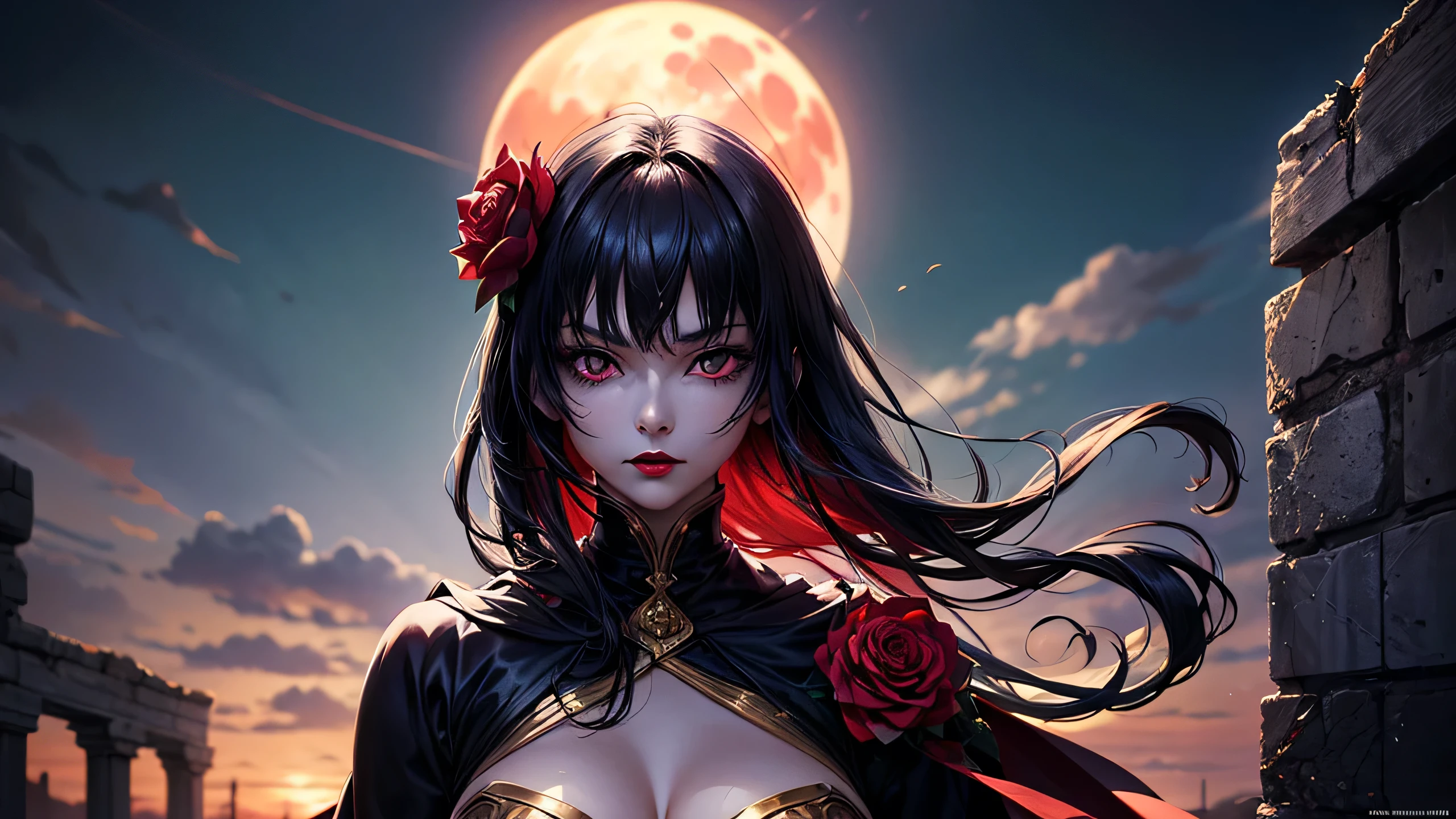 Beatiful female dark wizard standing in the ancient ruins under the red moon, she have long black hair with purple highlights, beatiful emerald eyes, dark red lipstick and same dark red eye shadows, dressed in sexy black robe with red vail and some golden mettalic parts, also she have rose flower tatoo on her body, (ultra high quality anime fantasy art, dafk fantasy style, masterpiece, ultra highquality character design, 8k quality anime art, realistic anime art, top quality wallpaper illustration, detailed ultra high quality acurate face, highquality design and acurate physic)