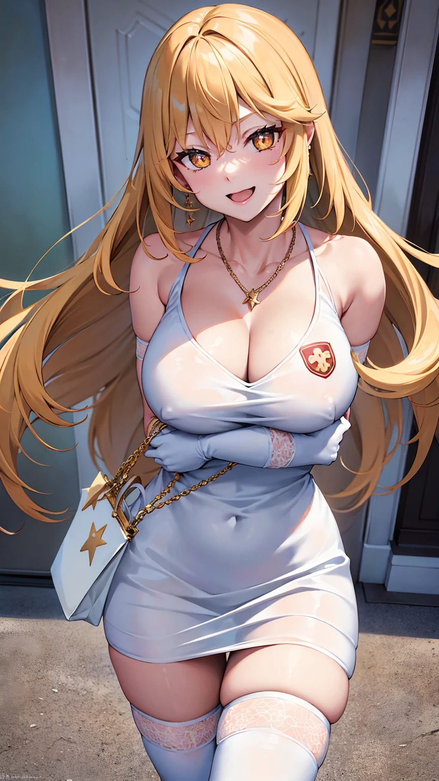 masterpiece, best quality, highres, hmmisaki, long hair, symbol-shaped pupils, +_+, large breasts, white gloves, elbow gloves, white thighhighs, smile, Shoulder bag Cleavage Earrings, necklace, clavicle, Off the shoulder, Sweater Dresses, Short sleeve, White knee socks, street, Are standing, Cowboy Shot, smile, , Open your mouth, In town panic++++ Embarrassed+++ Excited+++ Two Humans Woman and Man:1.6 Insert Embrace++++ Sex+++ (Rub the chest firmly,)