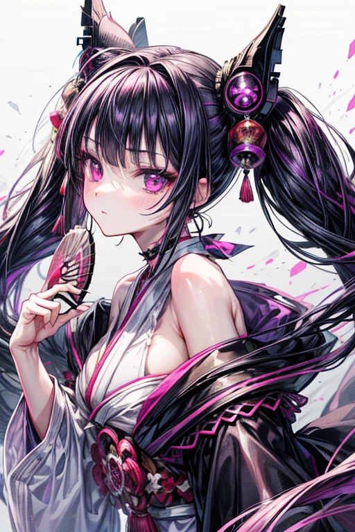 (masterpiece, best quality, perfect face, expressive eyes), 1girl, (anime), (young teen), twintails, black hair, magenta gradient hair, magenta eyes, kitsune mask on head, holding a folding fan, magenta kimono, tassel earrings,