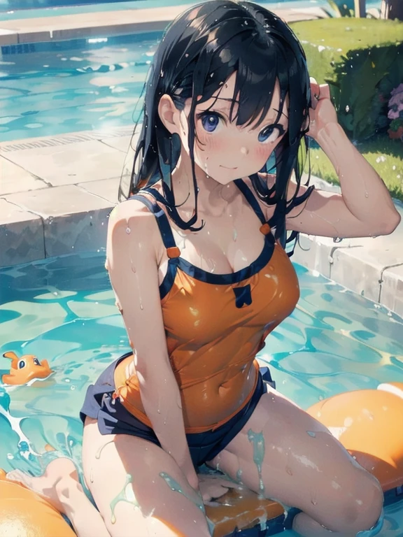 (Orange swimsuit(camisole):1.2),(Navy blue shorts:1.2),(Slimy lotionでSoaking wet:1.3),Pool(Soaking wet,Slimy lotion),(All fours pose:1.1),Big Breasts,