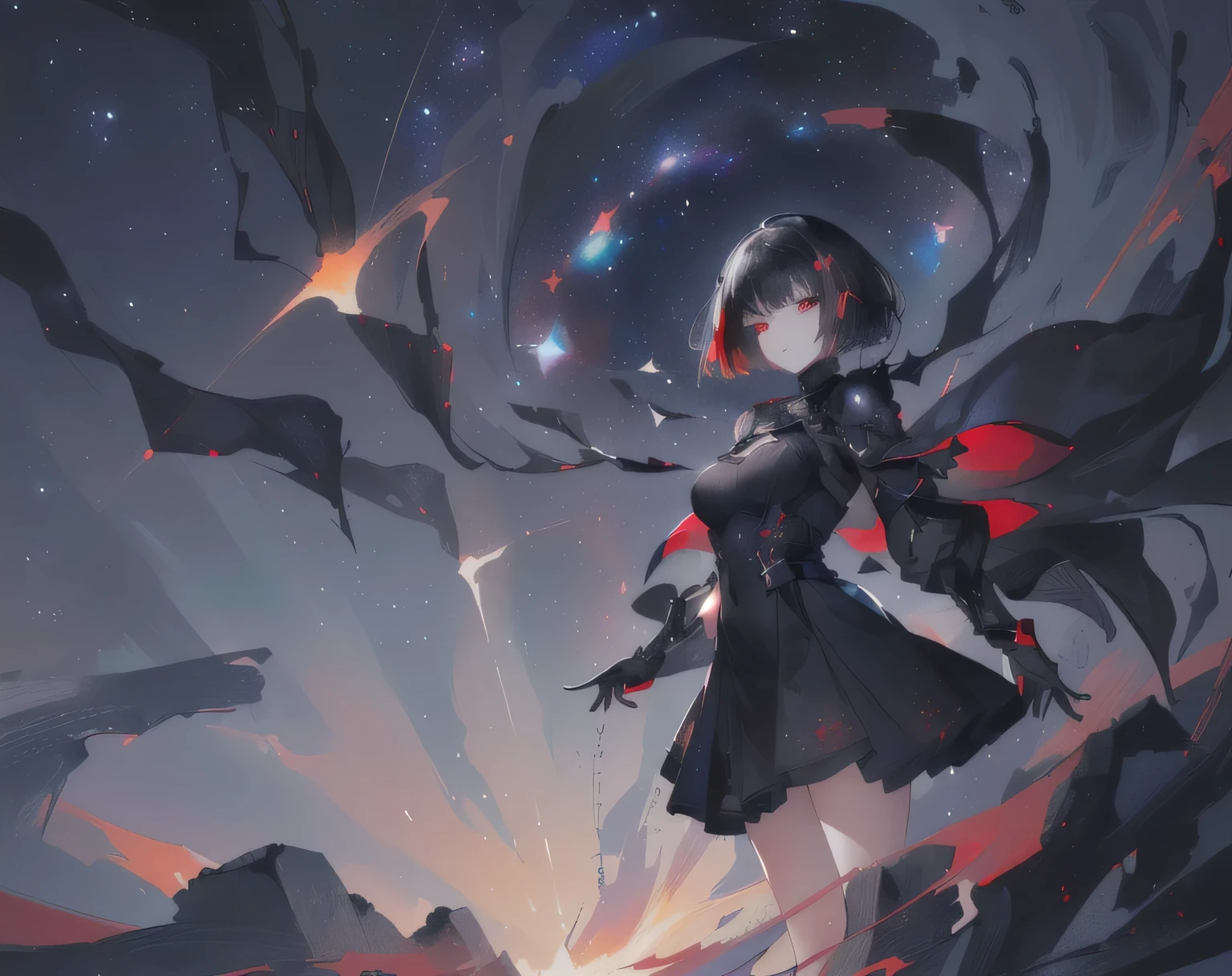 (highres,8k,close-up,samdoesarts-style,black short hair,red eyes,detailed facial features,night sky with starry galaxy) High Detail, 8k，close up, SamdoesArts style ，(((A woman with short black hair and red eyes)))，((Have delicate facial features))
，The background is the starry night sky and the Milky Way，