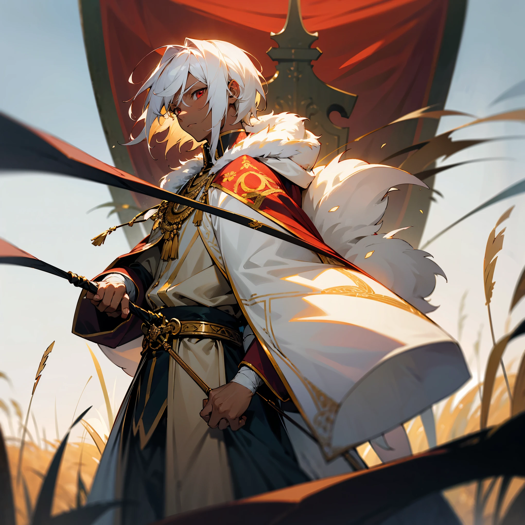 masterpiece, solo, best quality, 1 male, adult, handsome, muscular, finely detailed eyes, intricate details, Royal Guard Clothes, oversized fur hood, pants, Gold and Red Yukata, locs white hair, short length hair, complex pattern, best light and shadow, background is in a field, dappled sunlight, day, depth of field, artistic, depth of field, somber expression, red eyes, dark skin, anime, bandages wrapped around arm