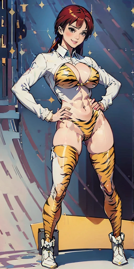 Full body of female (((Plain background 1:2))) (masterpiece, high quality: 1.1) 1girl solo full body height standing straight symmetrical looking to the viewer, view from below, far shot, cow boy shot, perfect lighting, muscular, thighs, mature woman, mummy, bellybutton, abs, looks at the viewer smile RED CHEEKS, extremely huge breasts, maternal, porcelain skin, extra very long hair, sparkly skin, good face, chest cover, HANDS ON HIPS (yellow tiger bikini print long sleeves and long stockings)