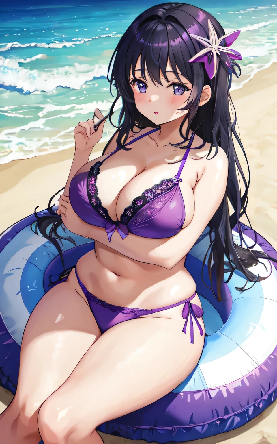 A 6--old l with big breasts, a plump body, round, in a purple lace bikini swimsuit, on the beach,