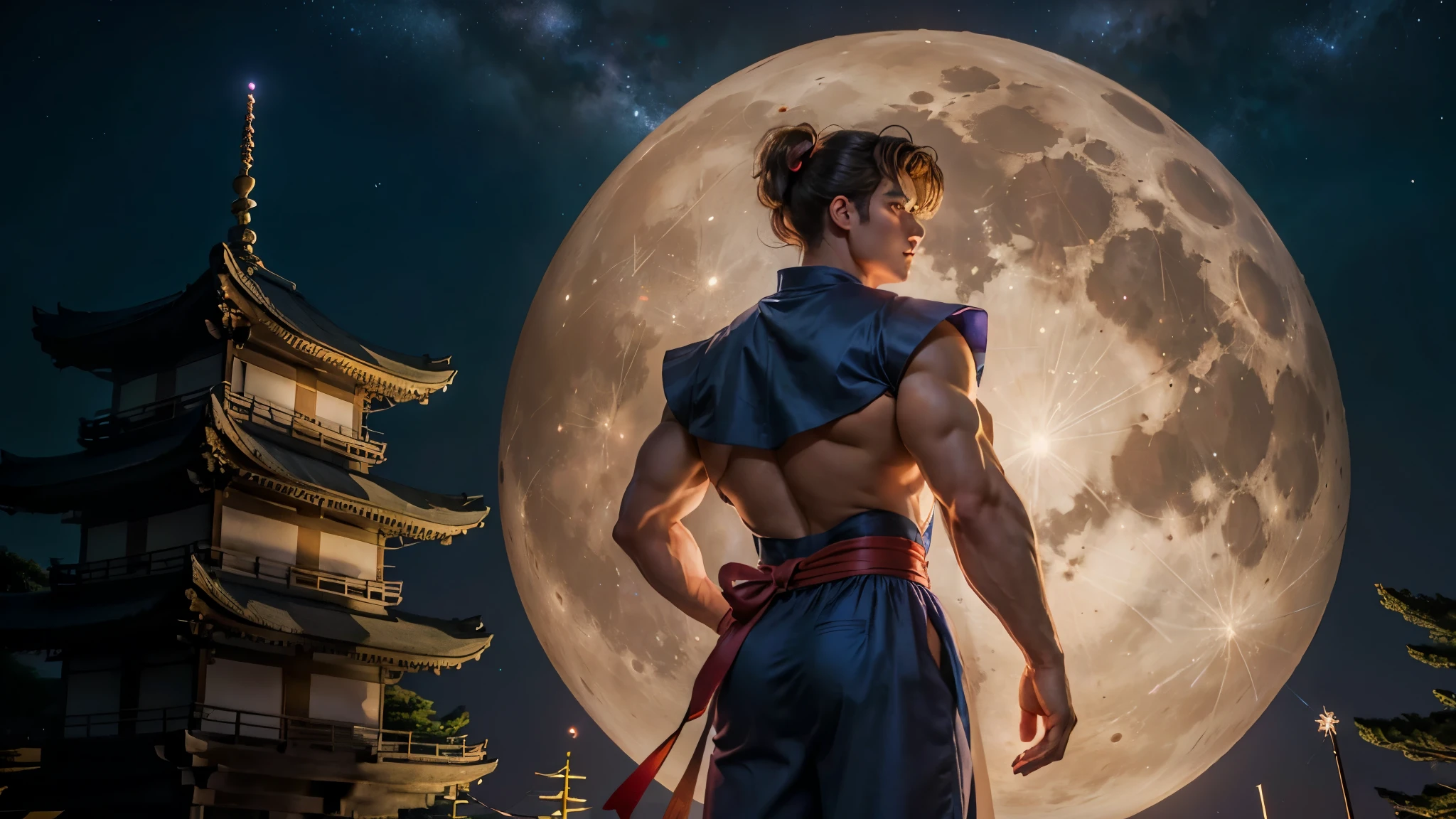 (1men),men in sailor-moon costume,japaness woman student costume ,giant muscular, giant moon in back ground, night sky , outdoor , light particle , (masterpiece:1.2)