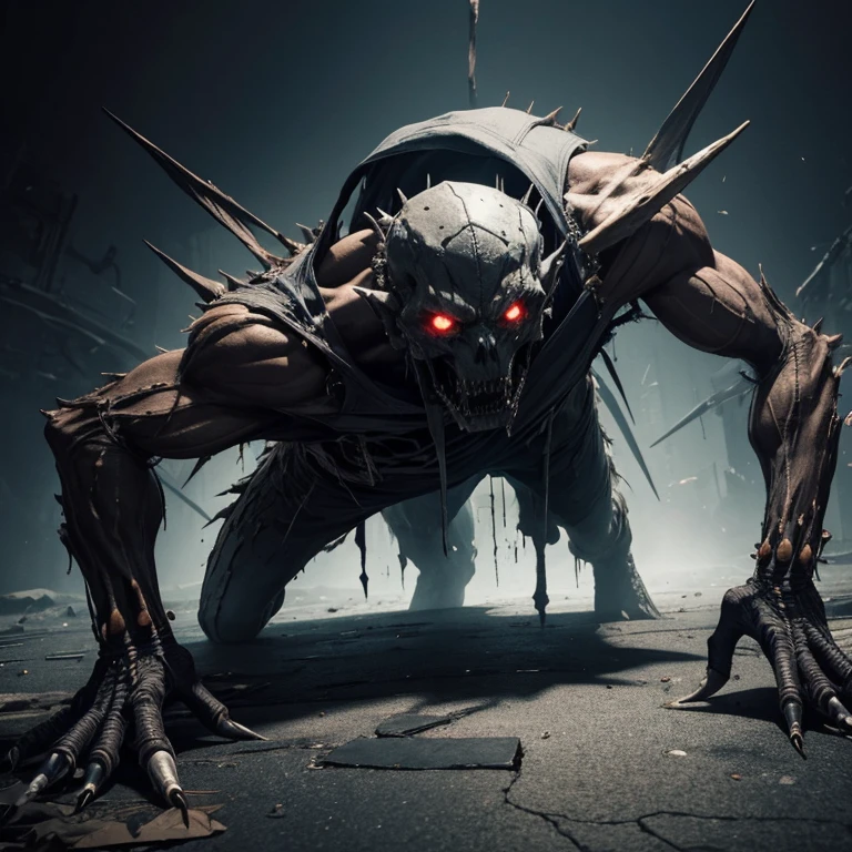 Humanoid monster crawling thin to the bone ripped clothes