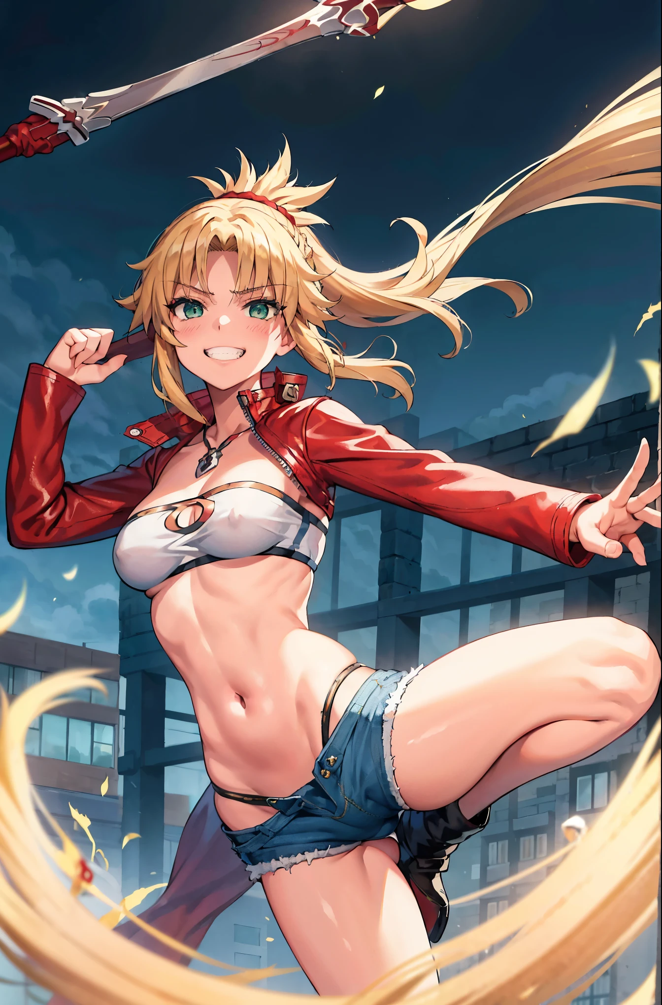 Masterpiece, Best Quality, illustration, city street, 1girl, Mordred \(fate\), cowboy shot, collarbone, Detailed blond hair ponytail braid, green eyes, Red leather jacket, White short blouse, denim shorts,navel,thigh-high,grin, covered_pussy,skiny,long_sword,apart_legs,
