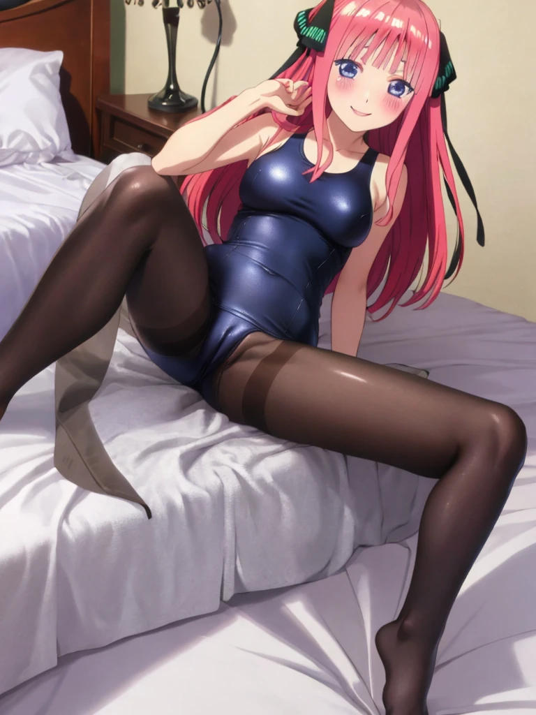 best quality, ultra-detailed masterpiece, nino nakano, one-piece swimsuit, breasts, pantyhose, blush, smile, bed room, open pussy