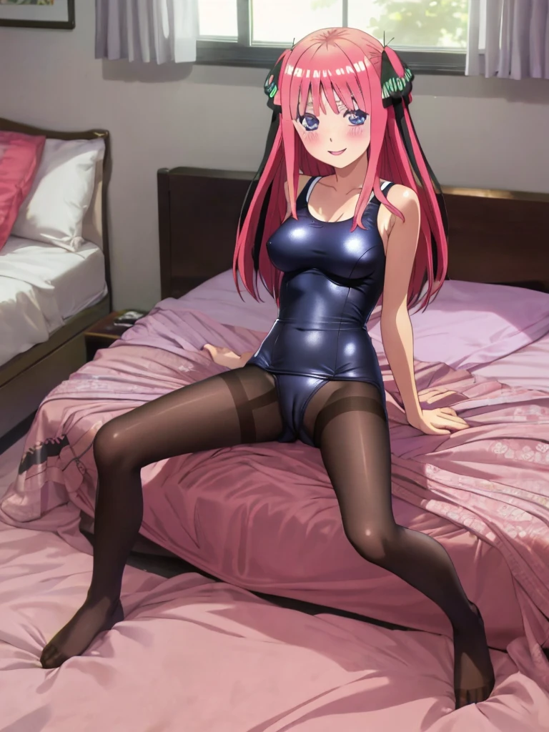 best quality, ultra-detailed masterpiece, nino nakano, one-piece swimsuit, breasts, pantyhose, blush, smile, bed room, open pussy