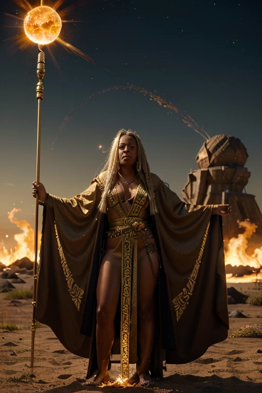 A golden brown skinned female Grim Reaper with white dreadlocks with glowing gold Viking beads, wearing a Rose and Gold houndstooth embroidered robe holding, standing on the sun hurling and thr a huge fireball through earth's magnetic field