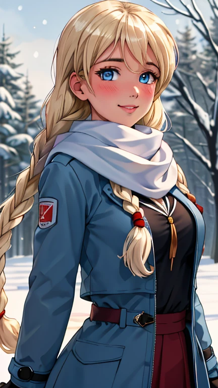 (Best quality, masterpiece, colorful, The most detailed) upper body shot, SL, double braids, Blonde hair, Blue eyes, 1 girl, One, big breasts, very long hair, , hips, (official art), winter, Show, Snowing, the forest, fantasy, night, I look at the viewer, scarf, smile, blush, HDR, RTH, winter jacket, gloves, Cute, atmospheric, very detailed background, perfect lightingBest quality, on open air, white scarf, blue coat, winter clothes, closed mouth, pink lips,